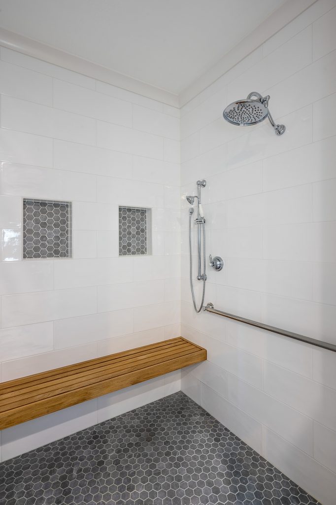 shower with custom teak bench seat