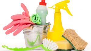 cleaning supplies, gloves, scrubber and bucket